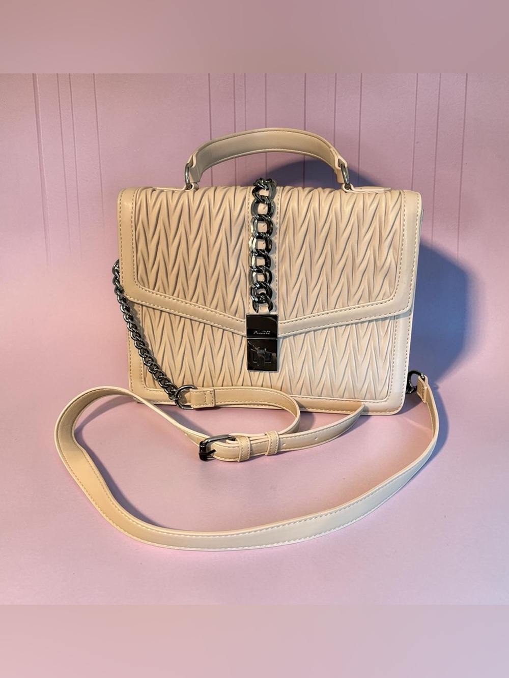 Aldo Cream Quilted Top-Handle Satchel with Chain Strap